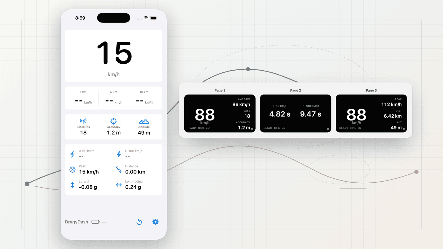 iPhone and ESP32 telemetry dashboard screenshots.